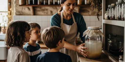 Madre junto a sus hijos almacenando un cultivo de kéfir de agua