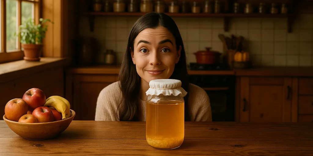 Mujer en su cocina revisa kéfir de agua con variaciones comunes